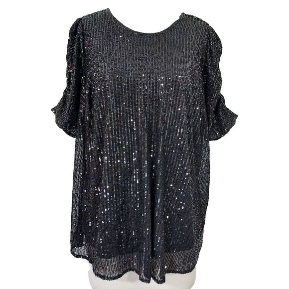 Torrid Tops - Torrid Black Sequin Caterpillar Short Sleeve Sz 1 Womens Plus 1X Party Holiday